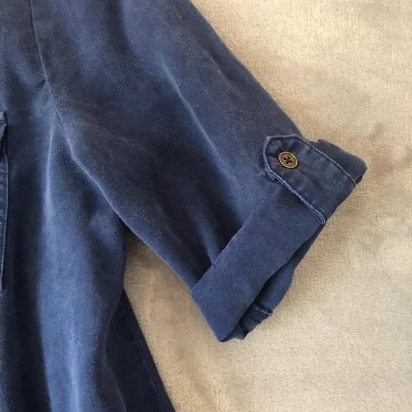 Chelsea & Theodore Flare Midi Dress Size M Tencel Pockets Roll Tab Sleeve Collar - Picture 5 of 12